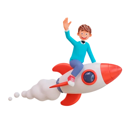 Garçon volant sur une fusée  3D Illustration