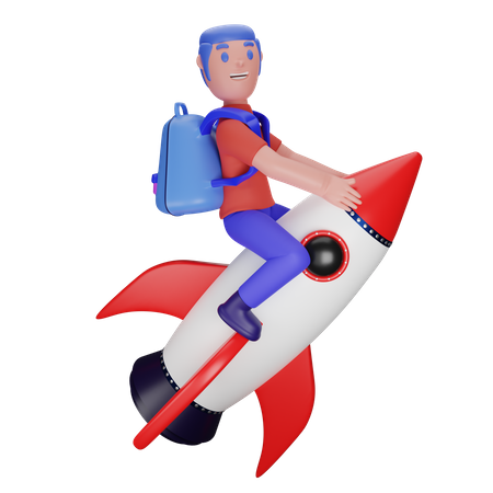 Garçon volant sur une fusée  3D Illustration
