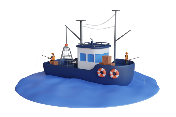Garçons pêchant sur le bateau  3D Illustration