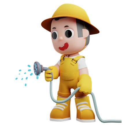 Gardener Holding Watering Hose  3D Icon