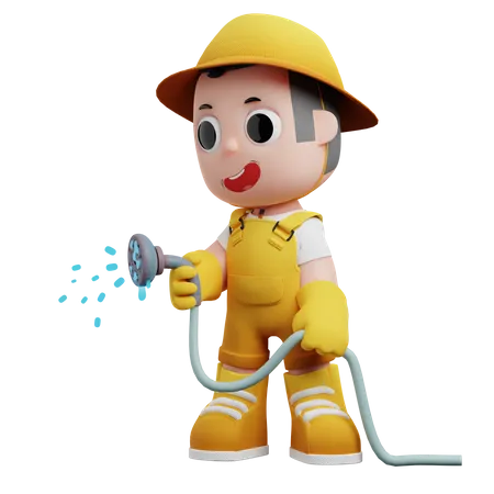 Gardener Holding Watering Hose  3D Illustration