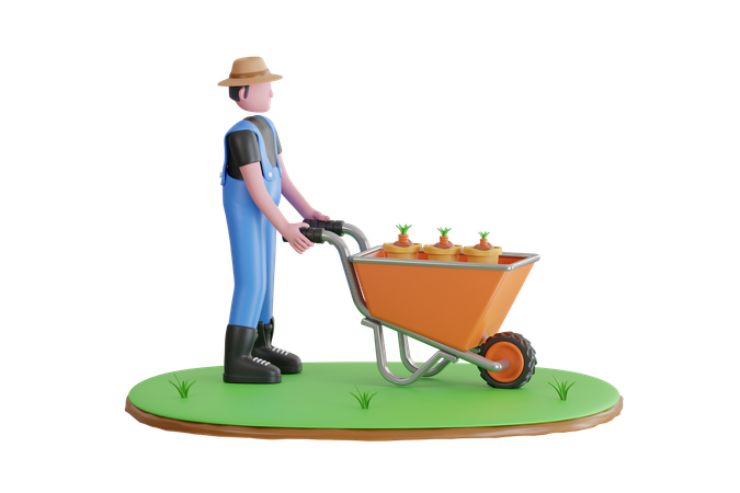Gardener Pushing Wheelbarrow With Plant Seedlings  3D Icon
