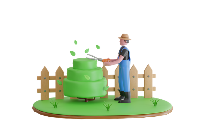 Gardener Trim Trees In Garden  3D Illustration