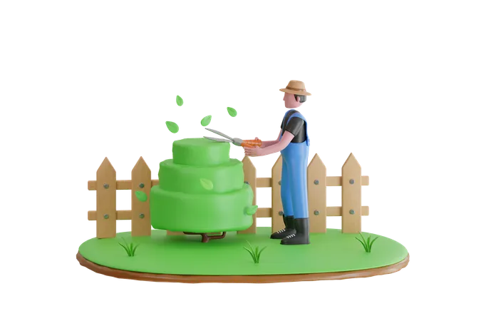 Gardener Trim Trees In Garden  3D Illustration