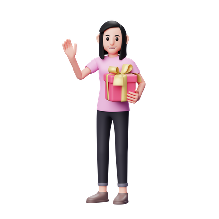Garota acenando, diga oi e segurando um presente rosa  3D Illustration