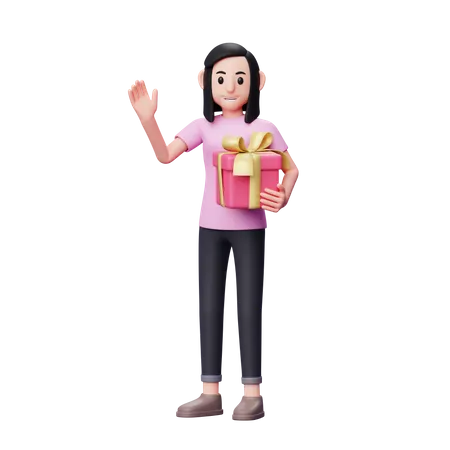 Garota acenando, diga oi e segurando um presente rosa  3D Illustration
