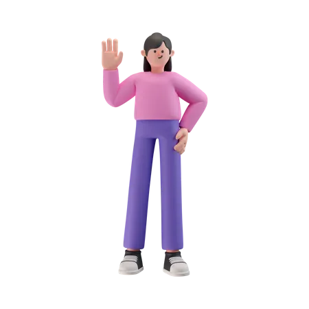 Garota em pose andando e acenando com a mão, diga olá  3D Illustration