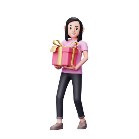 Menina carregando um grande presente de dia dos namorados com as duas mãos  3D Illustration