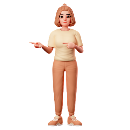 Garota casual apontando para o lado esquerdo usando ambas as mãos  3D Illustration