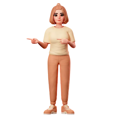 Garota casual apontando para o lado esquerdo usando ambas as mãos  3D Illustration