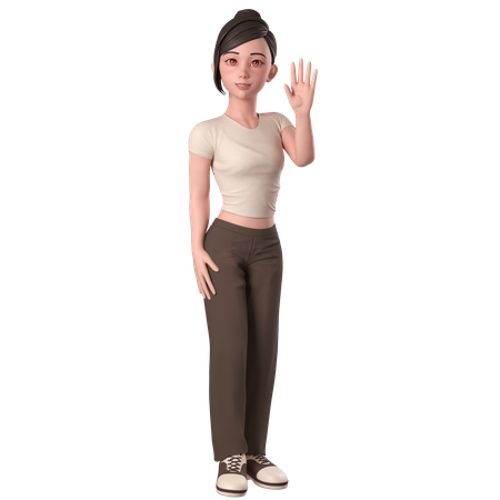Garota casual em vestido marrom acenando com a mão e dizendo oi com a mão direita  3D Icon