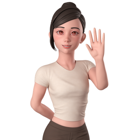 Garota casual em vestido marrom acenando com a mão e dizendo oi com a mão direita  3D Icon
