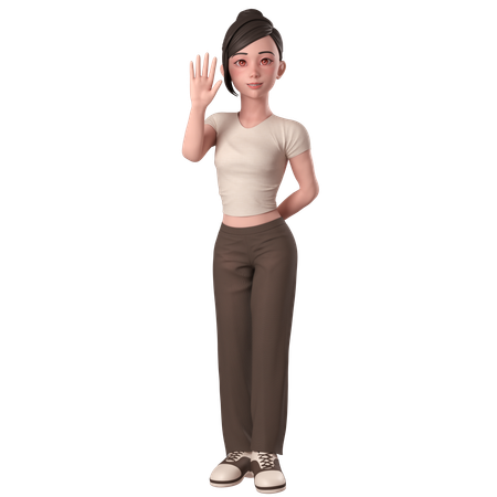 Garota casual em vestido marrom acenando com a mão e dizendo oi com a mão esquerda  3D Icon
