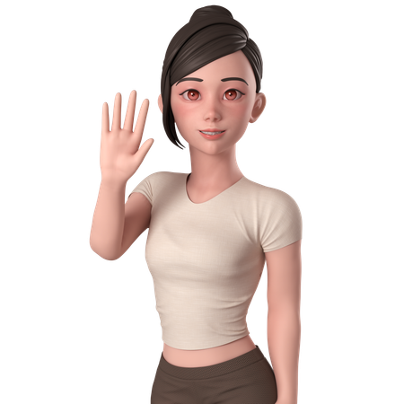 Garota casual em vestido marrom acenando com a mão e dizendo oi com a mão esquerda  3D Icon