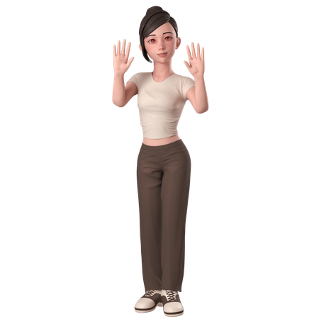 Garota casual em vestido marrom acenando com a mão e dizendo oi com as duas mãos  3D Icon