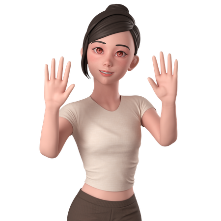 Garota casual em vestido marrom acenando com a mão e dizendo oi com as duas mãos  3D Icon