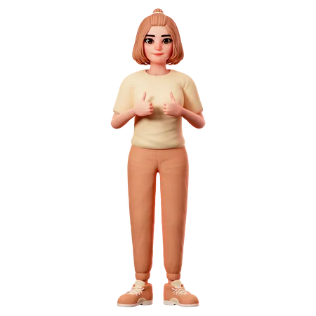 Garota casual mostrando o polegar para cima usando as duas mãos  3D Illustration