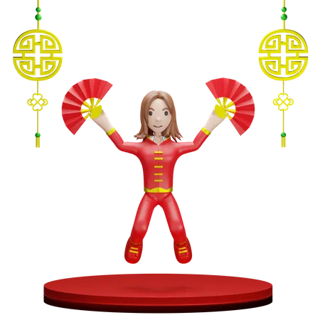 Menina chinesa com leque chinês  3D Illustration