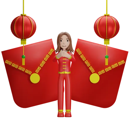 Menina chinesa comemorando o ano novo chinês  3D Illustration