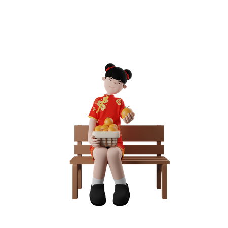 Menina Chinesa Sentada Com Um Balde Laranja  3D Illustration