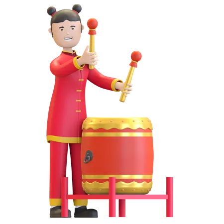 Menina Tocando Tambor De Percussao Tradicional Comemorando O Festival Do Ano Novo Chines Ilustracao De Renderizacao 3 D 3D Illustration