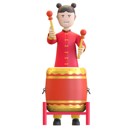 Menina chinesa tocando tambor de percussão tradicional  3D Illustration