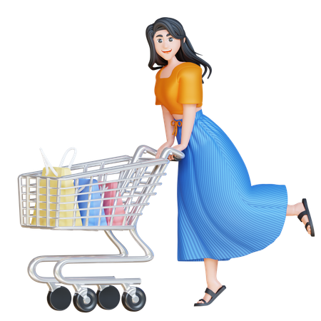Menina com carrinho de compras  3D Illustration