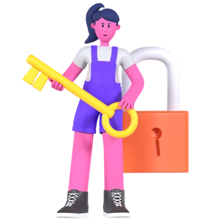 Menina com chave  3D Illustration