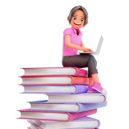 Menina com laptop estudando em curso on-line  3D Illustration