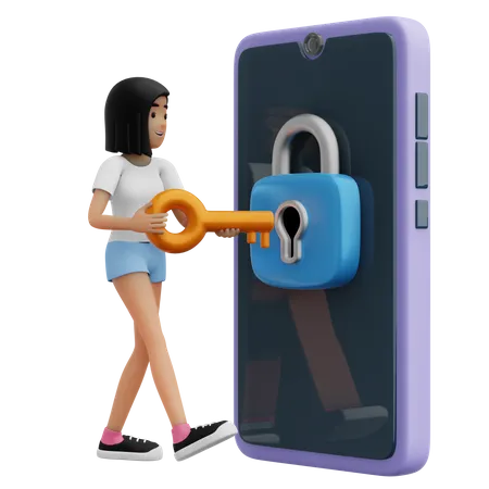 Garota com celular seguro  3D Illustration