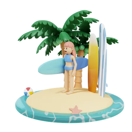 Menina com prancha de surf  3D Illustration