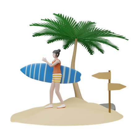 Menina com prancha de surf  3D Illustration