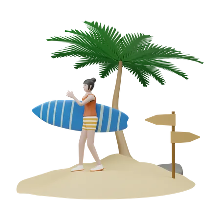 Menina com prancha de surf  3D Illustration