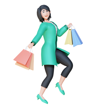 Menina correndo com sacola de compras  3D Illustration