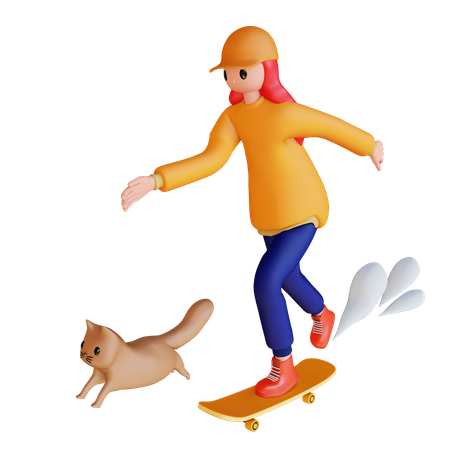 Menina correndo de skate com animal de estimação  3D Illustration