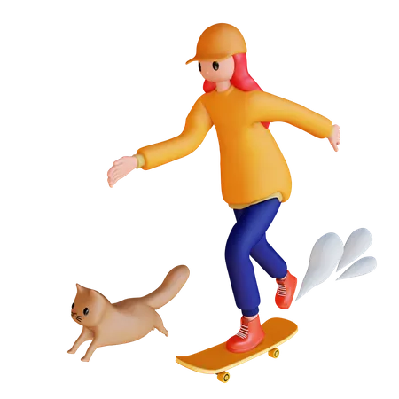 Menina correndo de skate com animal de estimação  3D Illustration