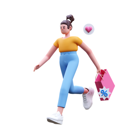 Menina correndo para fazer compras  3D Illustration