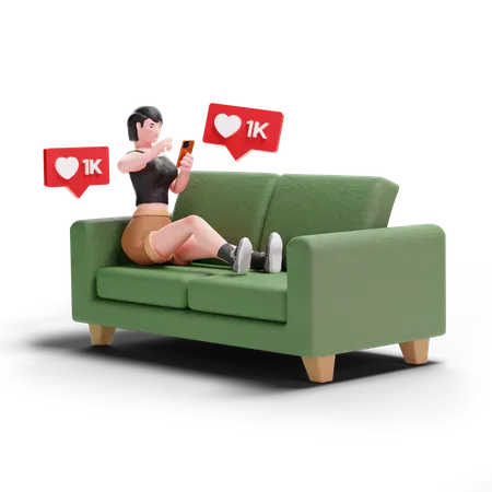 Garota De Cabelos Curtos Recebendo Curtidas Nas Redes Sociais Enquanto Esta Sentada No Sofa Em Fundo Transparente Ilustracao 3 D 3D Illustration