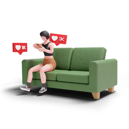 Garota de cabelo curto recebendo curtidas nas redes sociais enquanto está sentada no sofá  3D Illustration