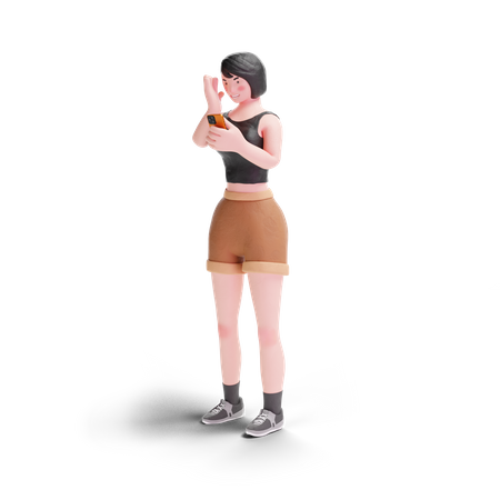 Garota de cabelos curtos espantada usando smartphone  3D Illustration