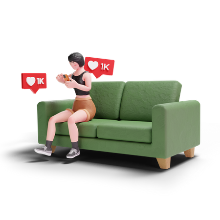 Garota de cabelo curto recebendo curtidas nas redes sociais enquanto está sentada no sofá  3D Icon