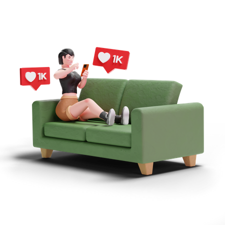 Garota de cabelo curto recebendo curtidas nas redes sociais enquanto está sentada no sofá  3D Icon