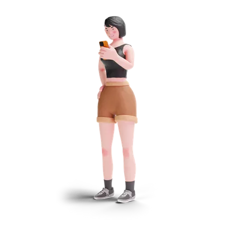 Garota de cabelos curtos usando smartphone  3D Illustration