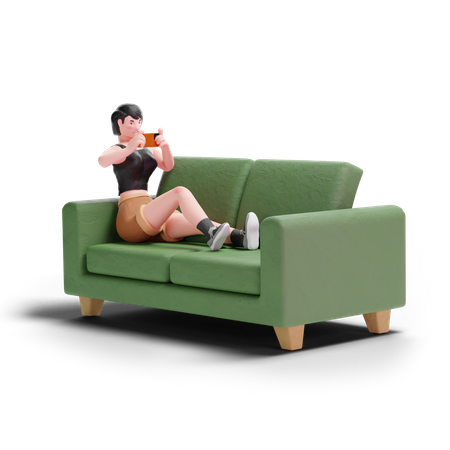 Garota de cabelos curtos usando smartphone no sofá  3D Illustration