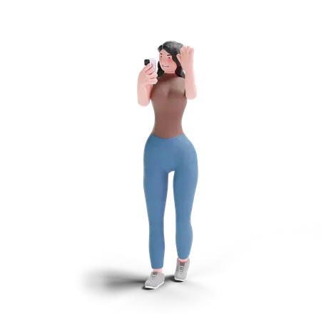 Garota De Cabelos Compridos Acenando Para O Telefone Em Fundo Transparente Ilustracao 3 D 3D Illustration
