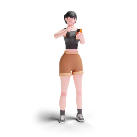 Garota de cabelos curtos apontando para smartphone  3D Icon