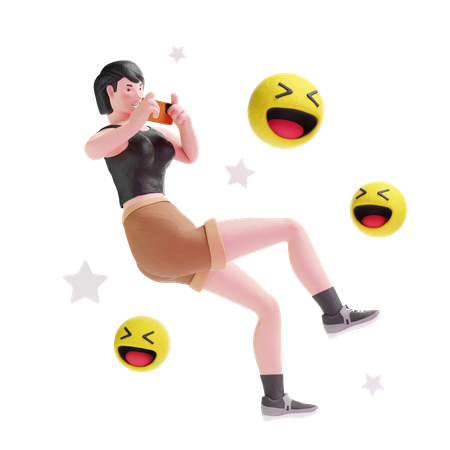 Garota de cabelos curtos rindo com smartphone  3D Icon