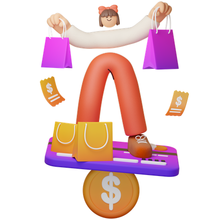 Garota de compras com equilíbrio de compras online  3D Illustration