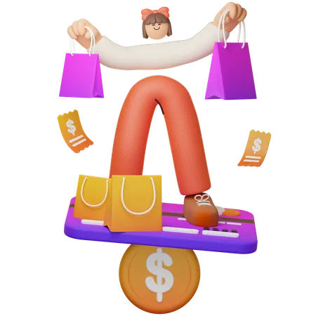 Garota de compras com equilíbrio de compras online  3D Illustration