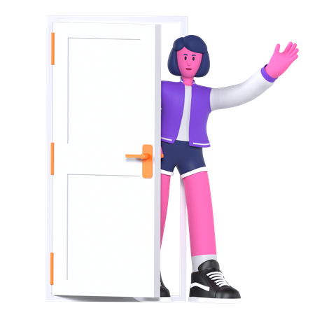 Garota diga olá por trás da porta  3D Icon